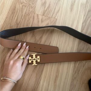Tory Burch Tan Leather Belt with Gold Emblem